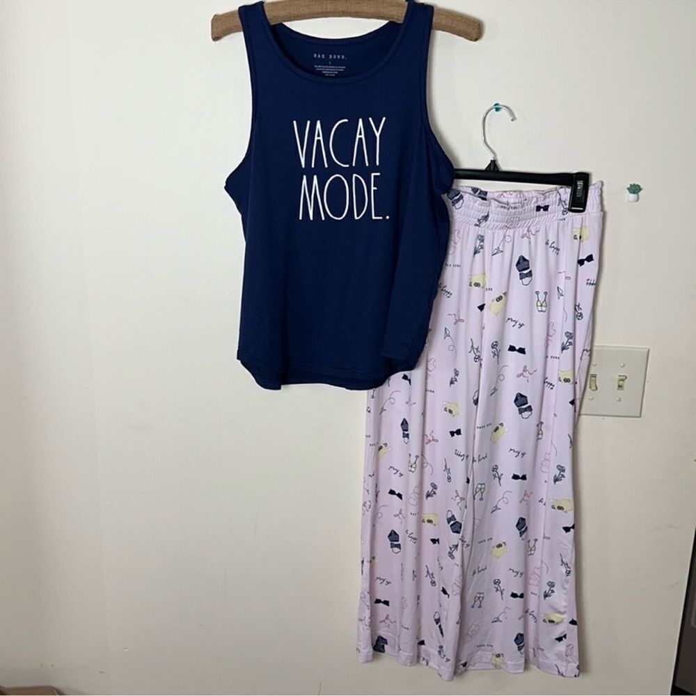 RAE DUNN. S Navy Pink Racer Back Tank Crop Wide Pants VACAY MODE. PJ Set